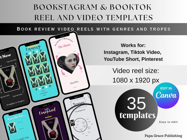 Puede incluir: Imagen promocional que muestra plantillas de tel&eacute;fono para reels de video de rese&ntilde;as de libros. Las plantillas est&aacute;n dise&ntilde;adas para Instagram, TikTok, YouTube Shorts y Pinterest. La imagen incluye el texto "BOOKSTAGRAM & BOOKTOK REEL AND VIDEO TEMPLATES". El tama&ntilde;o del video es 1080 x 1920 px. Hay 35 plantillas.