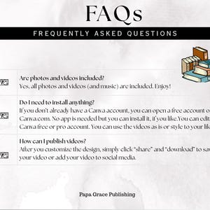 Puede incluir: Gr&aacute;fico digital con el t&iacute;tulo "FAQs" y el subt&iacute;tulo "PREGUNTAS FRECUENTES". Incluye tres preguntas y respuestas sobre fotos, videos y publicaci&oacute;n. Una pila de libros est&aacute; en la esquina superior derecha. Texto de Papa Grace Publishing.