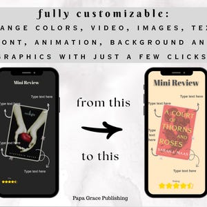 Puede incluir: Imagen que muestra una comparaci&oacute;n de antes y despu&eacute;s de una pantalla de tel&eacute;fono con una rese&ntilde;a de libro. El texto dice "totalmente personalizable" y enumera opciones como colores y texto. La pantalla "antes" muestra "Twilight", la pantalla "despu&eacute;s" muestra "A Court of Thorns and Roses".