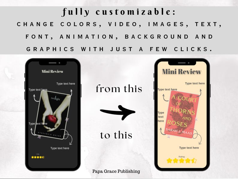 Puede incluir: Imagen que muestra una comparaci&oacute;n de antes y despu&eacute;s de una pantalla de tel&eacute;fono con una rese&ntilde;a de libro. El texto dice "totalmente personalizable" y enumera opciones como colores y texto. La pantalla "antes" muestra "Twilight", la pantalla "despu&eacute;s" muestra "A Court of Thorns and Roses".