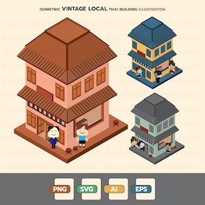 Isometric Vintage Local Thai building Illustration