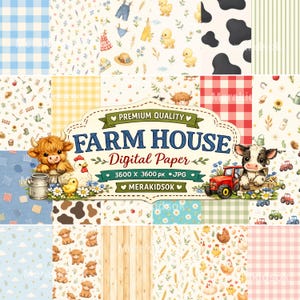 Puede incluir: Una colección de papeles digitales con motivos de granja que incluyen ilustraciones de vacas highland, pollos, tractores, girasoles y cuadros vichy. La etiqueta central dice PREMIUM QUALITY FARM HOUSE Digital Paper 3600 x 3600 px JPG.