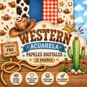 Può includere: Un set di carta digitale con illustrazioni ad acquerello a tema western, inclusi cappelli da cowboy, stelle da sceriffo, cactus e corde. Il testo recita WESTERN ACUARELA PAPELES DIGITALES 12 DISEÑOS, FORMATO PNG 3600 x 3600 PX.