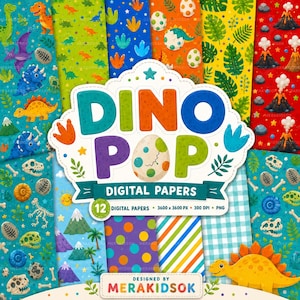 Puede incluir: Una colección de doce papeles digitales con patrones coloridos de dinosaurios, incluyendo ilustraciones de dinosaurios, huevos, fósiles, volcanes y hojas tropicales, con el texto DINO POP DIGITAL PAPERS y MERAKIDSOK.