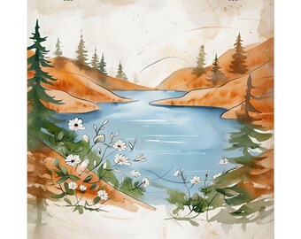 Afdrukken | Getextureerde aquarel | Schilderachtige aquarel kunst aan de muur, natuurprint, woondecoratie, cadeau voor natuurliefhebbers, kunst in bohostijl, landschapsposter