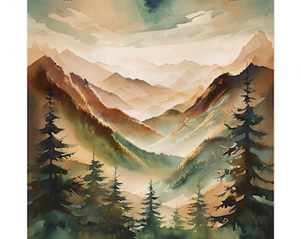 Afdrukken | Getextureerde aquarel | Bergkunstafdrukken | Natuurmuurdecoratie | Rustiek huisdecor | Kunst in bohostijl | Cadeau voor natuurliefhebbers