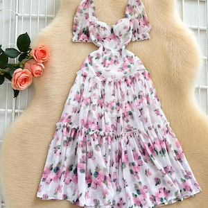 Romantic Floral Puff Sleeve Maxi Dress, Sweetheart Neck Tiered Summer Gown, Cottagecore Fairy Dress, Boho Dress, Garden Party Outfit