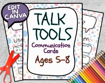 Puede incluir: Tarjetas de comunicación con el texto "TALK TOOLS" y "Communication Cards Ages 5-8". Las tarjetas son blancas con borde negro y lunares de colores. También se ven unas tijeras rojas y un juego de lápices de colores.