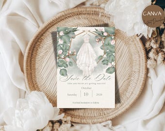 Greenery Floral Save the Date Template: Boho Wedding Invitation (Canva Editable, Digital Download)