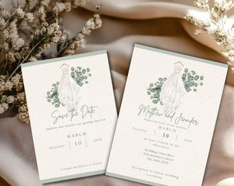 Boho Floral Wedding Invitation Template: Dress Illustration (Digital Download)
