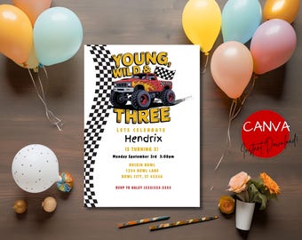 モンスタートラックの誕生日招待状：Young Wild & Three、編集可能なCanvaテンプレート（デジタルダウンロード）