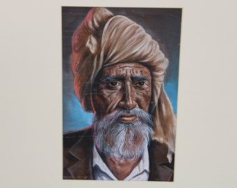 May include: A painting of an older man with a long white beard wearing a brown turban. The man has a serious expression on his face and is looking directly at the viewer.