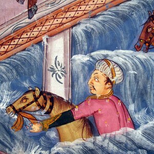 May include: An antique painting depicts a man in a pink tunic and turban riding a horse through turbulent blue water. The artwork features detailed brushstrokes and a historical theme, with additional horses and architectural elements visible.