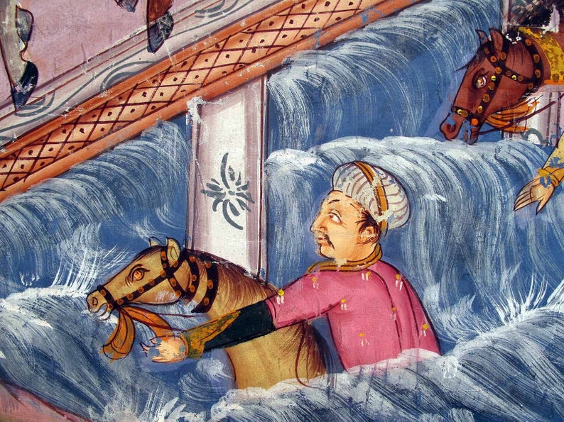May include: An antique painting depicts a man in a pink tunic and turban riding a horse through turbulent blue water. The artwork features detailed brushstrokes and a historical theme, with additional horses and architectural elements visible.