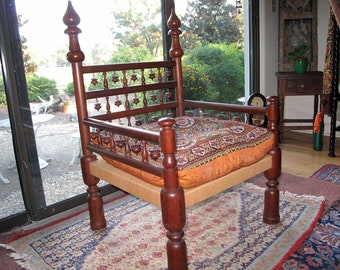 Wooden "Bell" Chair from Madras, India with Hand Embroidered Cushion-Vintage-Free Shipping