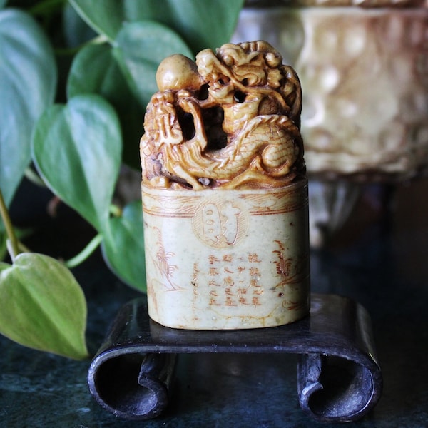 Chinese Dragon Chop, Seal, Hand Carved Soapstone, Engraved Calligraphy on Horn Base-Vintage-Free Shipping