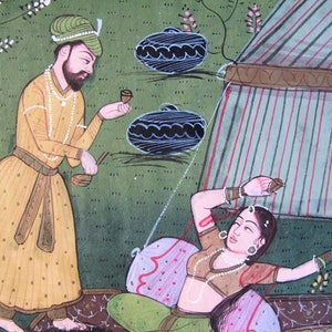 Vintage Indian Miniature Painting: Courtship Scene (5.5&quot;x9.5&quot;)