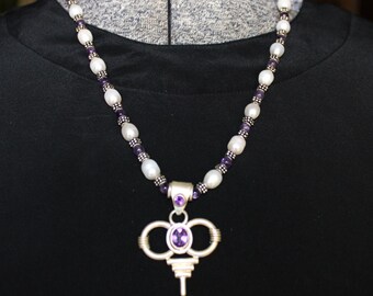 Amethyst and Pearl Necklace in Sterling Silver by Old Silk Route