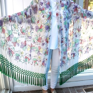 Floral Embroidered Voile Shawl: Lightweight Summer Wrap with Green Silk Tassels