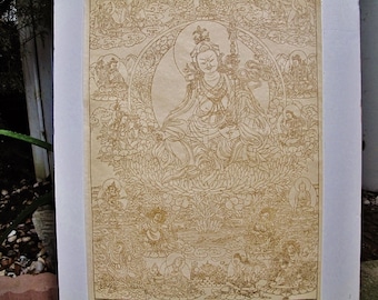Vintage Tibetan Thangka Block Print Buddhist Art on Handmade Rice Paper from Nepal
