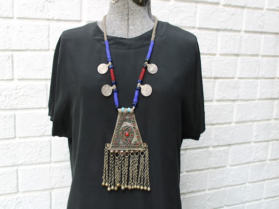 Vintage Tribal Necklace with Large Medallion, Gla… - image 2