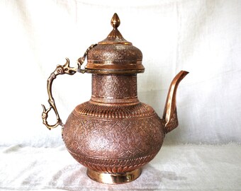 Vintage Copper Kettle from Kashmir with Ornate Engraving-Free Shipping