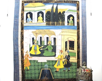 Mughal Wall Tapestry: Silk Painting on Vintage Sari-Large-Ready to Hang