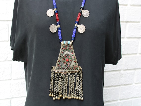 Vintage Tribal Necklace with Large Medallion, Gla… - image 1