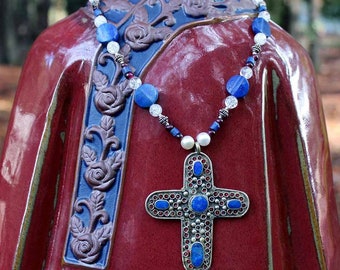 Lapis Lazuli Cross Pendant Necklace: Garnet, Crystal, Pearl Beads Set with Sterling Spacers