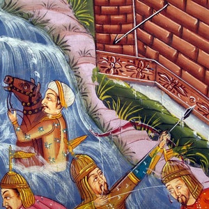May include: An Indian miniature painting depicting a battle scene. A man on horseback is in the water, while other figures are shooting arrows. The artwork features vibrant colors and intricate details, showcasing traditional Indian art.