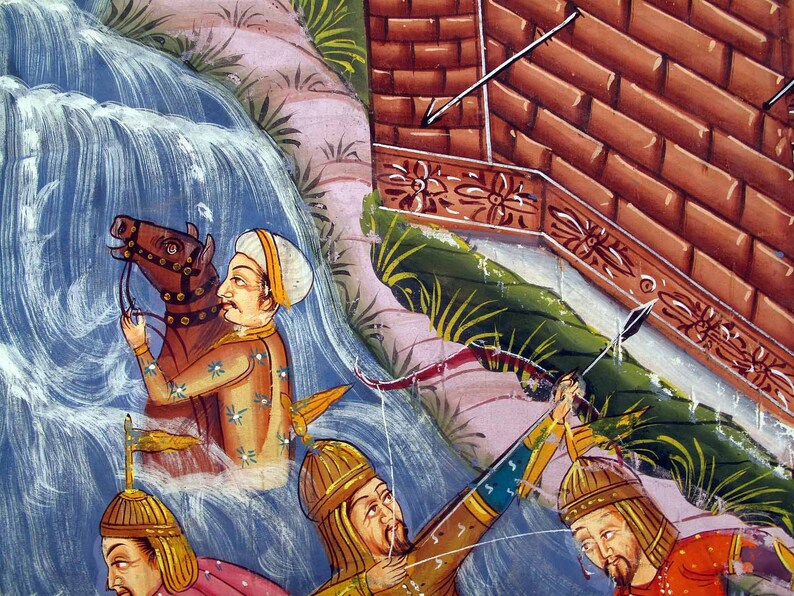 May include: An Indian miniature painting depicting a battle scene. A man on horseback is in the water, while other figures are shooting arrows. The artwork features vibrant colors and intricate details, showcasing traditional Indian art.