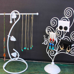 Vintage White Metal Jewelry Display Stands: Peacock & Leaf Design