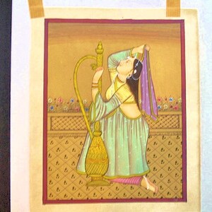Vintage Indian Miniature Painting of a Maiden with Hookah, Watercolor-5.5."x9.5"inches bild 3