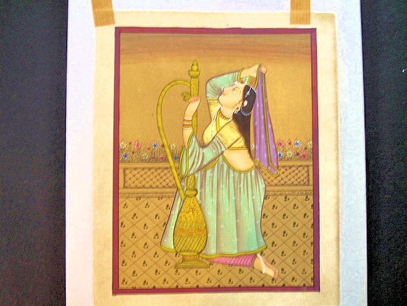 Vintage Indian Miniature Painting of a Maiden with Hookah, Watercolor-5.5."x9.5"inches bild 3
