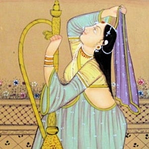 Vintage Indian Miniature Painting of a Maiden with Hookah, Watercolor-5.5."x9.5"inches bild 1
