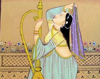 Vintage Indian Miniature Painting of a Maiden with Hookah, Watercolor-5.5."x9.5"inches-Free Shipping