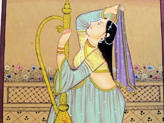 Vintage Indian Miniature Painting of a Maiden with Hookah, Watercolor-5.5."x9.5"inches