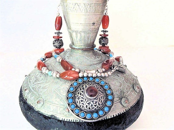 Necklace Earring Set: Afghani Silver Pendant -Car… - image 2