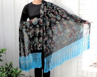 Black Summer Shawl-Voile with Embroidered Florals and Silk Fringe by the Old Silk Route-Free Domestic Shipping