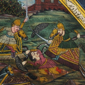 Vintage India Miniature Painting of Mughal Battle Scene#2 on Antique Manuscript Page-Matted with Gold Filet