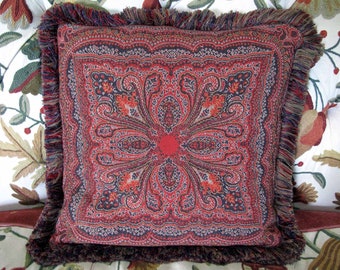 Paisley Pillow Cover with Velvet Backside by Old Silk Route-Recycled Vintage Paisley Doily- Heirloom Pillow Cover-16"sq-Free Shipping