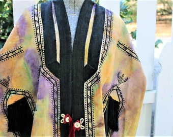 Vintage Central Asian Coat with Hand Painted Front and Ikat Silk Lining-Free Shipping