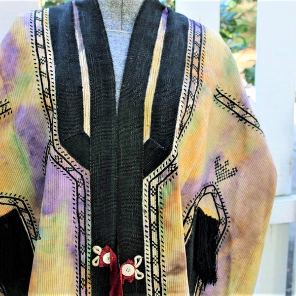 Vintage Central Asian Coat with Hand Painted Front and Ikat Silk Lining-Free Shipping