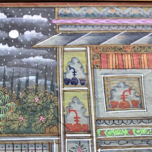 May include: A detailed painting depicting a night scene with a full moon, clouds, and a forest in the background. The foreground features a multi-level building with intricate details and a decorative pattern.