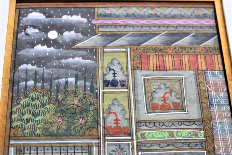 May include: A detailed painting depicting a night scene with a full moon, clouds, and a forest in the background. The foreground features a multi-level building with intricate details and a decorative pattern.