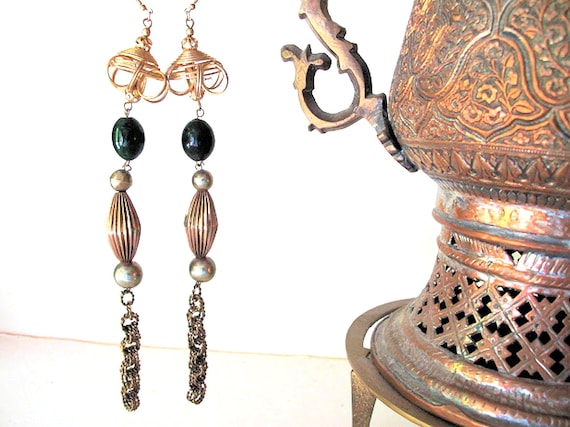 Vintage Brass Dangle Earrings- 9"inches Long-Free… - image 1