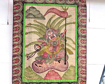 Wrathful Deity Tapestry: Silk Painting on Vintage Sari - Ready to Hang
