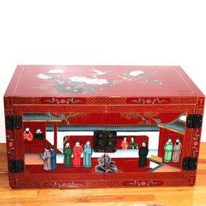 Vintage Chinese Cabinet- Red with Hand Painted Figures, Flowers and Birds