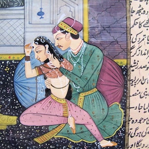 Vintage Mughal Courtship Painting: Indian Miniature Art, Matted