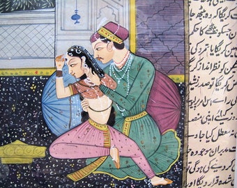 India Miniature Painting:  Vintage, Love Painting, Courtship Painting, Watercolor on Paper, Matted-Free Domestic Shipping